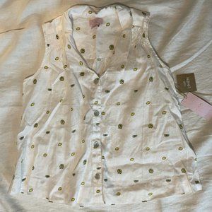 ST TROPEZ WEST Women's 100% Linen Sleeveless Button Down Top Lemon Print